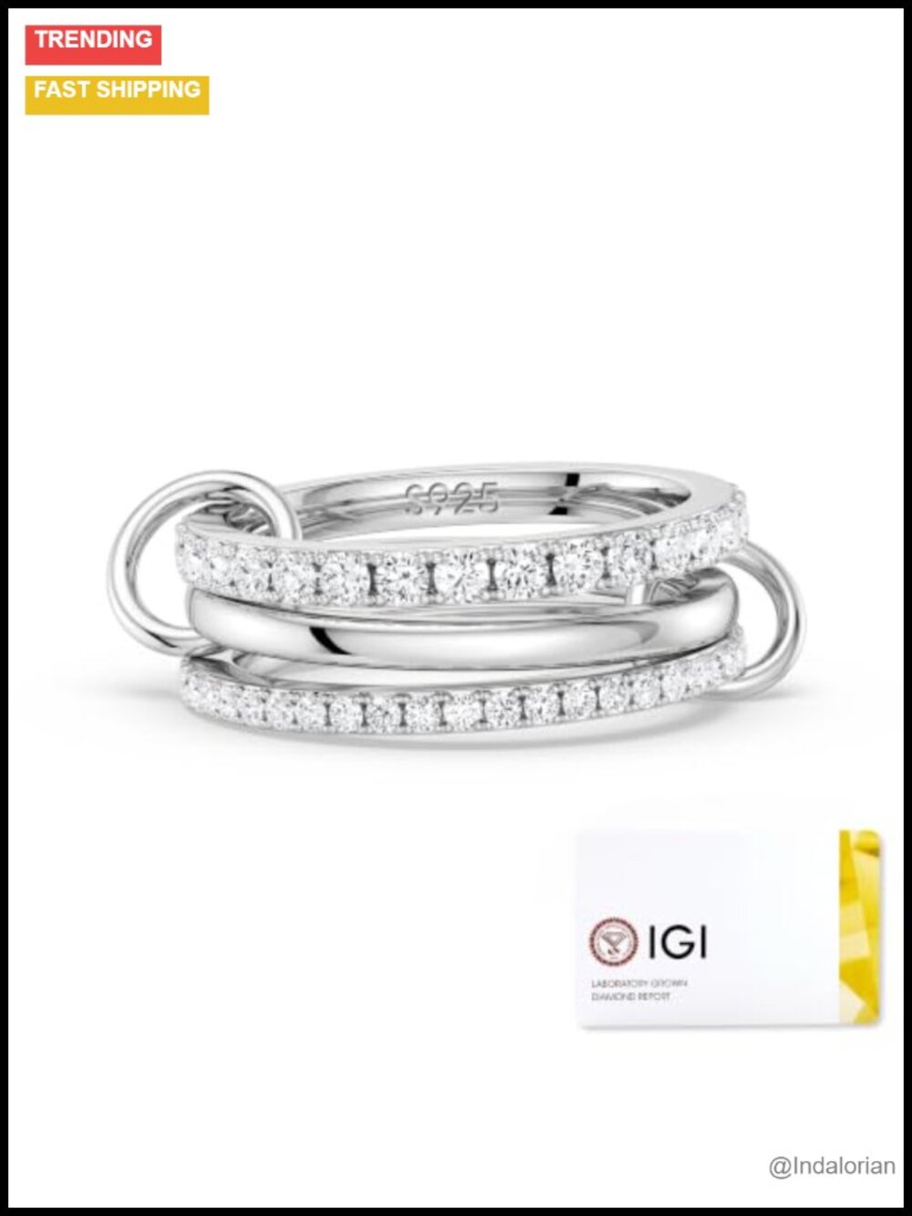Moissanite 3 Ring Set 925 Sterling Silver Rhodium Finish Size 7